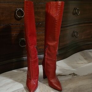 Red Stiletto Heeled Boots with Crocodile Texture